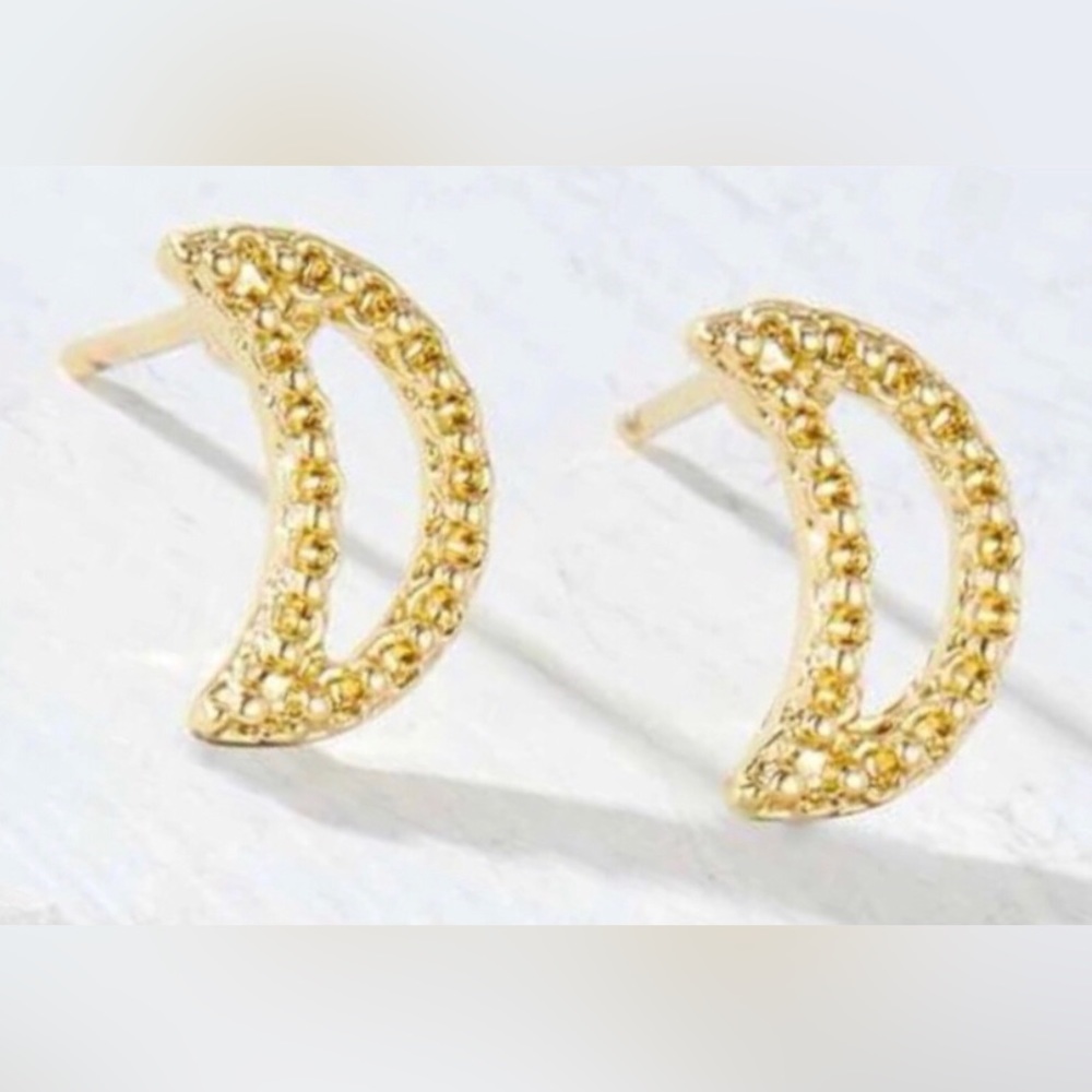 Half Crescent Moon Chain Rope Textured Tiny Dainty Gold Celestial Galaxy Earring - Picture 2 of 4